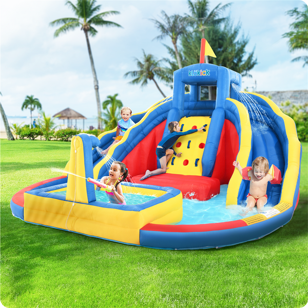KLOKICK 14.8' x 14.8' x9.8' Inflatable Water Slide for Kids Backyard, Blow Up Water Park with 2 Water Slides, Climbing Wall and Unique Design Splash Pool, Heavy-Duty Oxford Fabric, Blower Included