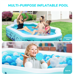 Inflatable Swimming Pool, Kiddie Pool, 122" X 71" X 20" Full-Sized Family Blow Up Pool for Kids, Adults, Above Ground Backyard Pool with Seat, for Age 3+